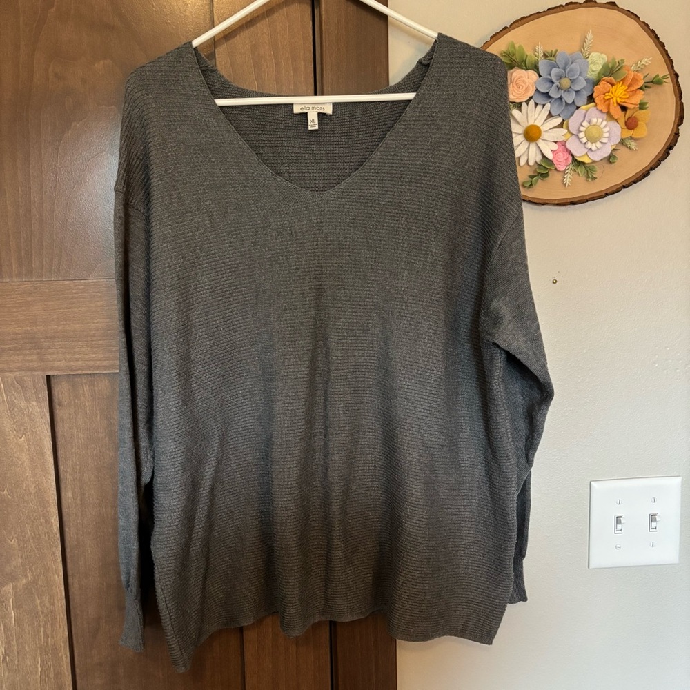 Ella Moss Gray Ribbed V-neck Pullover Sweater Size XL Minimalist Business Casual - Picture 5 of 8